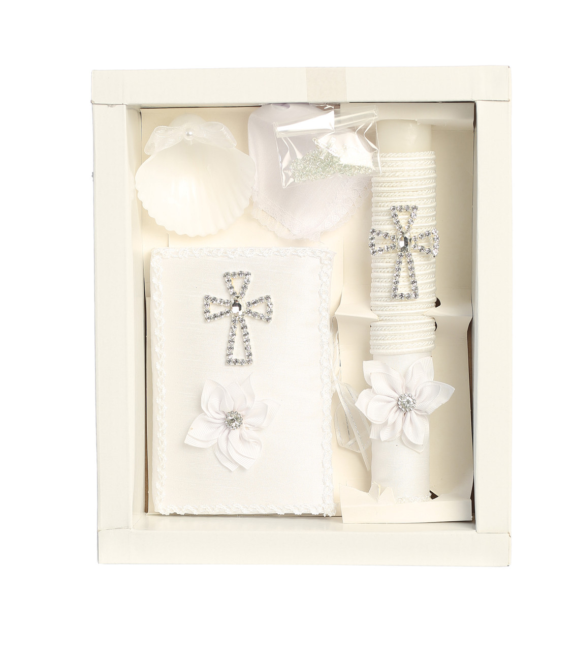 SB2110 Diamond Cross and Flower Baptism Candle Gift Set - ENGLISH