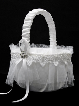 Pink Lace Ribbon & Sheer Organza Flower girl Basket w/ Rhinestone & Pearl  Accents