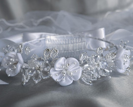 Dainty Floral Beaded Rhinestone Headband Communion Veil - Pink Princess