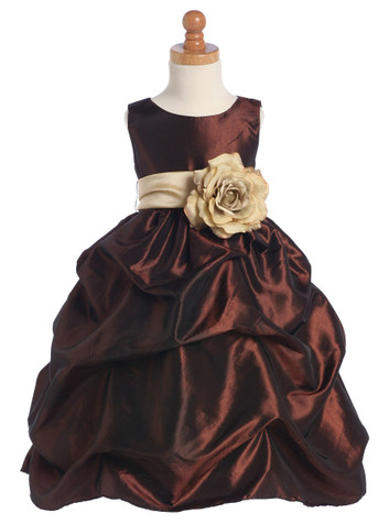 Blossom Brown Sleeveless Gathered Taffeta Dress w/ Detachable Sash