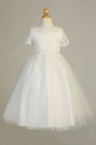 Blossom BL307 White Short Sleeve Lace Tulle Dress w/ Floral Waistband ...