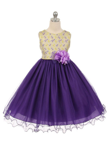 Aqua Floral Jacquard Bodice w/ Tulle Dress - Pink Princess