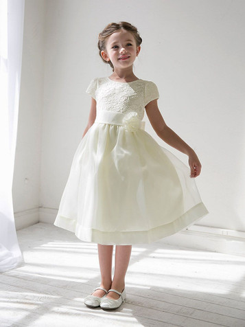 Ivory Girls Floral Lace Bodice Organza Dress