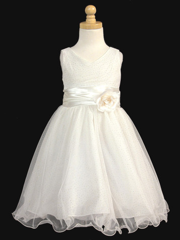 Ivory Glittered Poly Mesh w/ Matching Charmeuse Waist & Flower Ivory Glittered Poly Mesh w/ Matching Charmeuse Waist & Flower