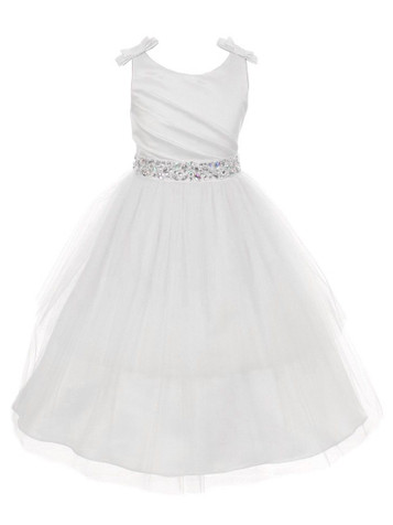 White Double Bow Shoulder Jewel Sash Tulle Dress White Double Bow Shoulder Jewel Sash Tulle Dress