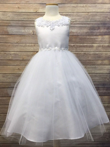 White Satin & Tulle Dress w/ Daisy Trim White Satin & Tulle Dress w/ Daisy Trim