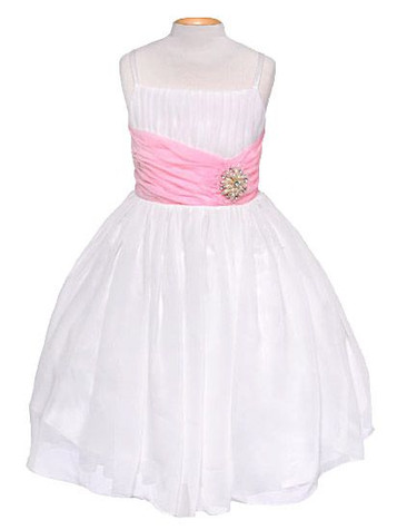 Off-White Chiffon Pleat & Pearl Dress w/ Pink Sash Off-White Chiffon Pleat & Pearl Dress w/ Pink Sash