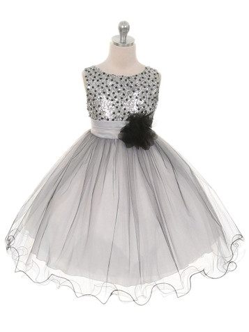 Silver Double Mesh Dress w/ Multi Sequins Bodice & Flower Sash Silver Double Mesh Dress w/ Multi Sequins Bodice & Flower Sash