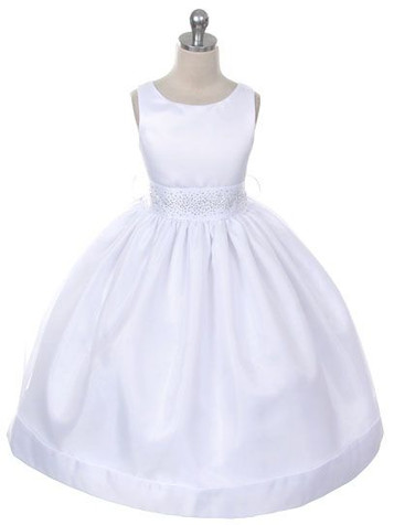 White Satin Organza Dress w/ Rhinestone Sash White Satin Organza Dress w/ Rhinestone Sash
