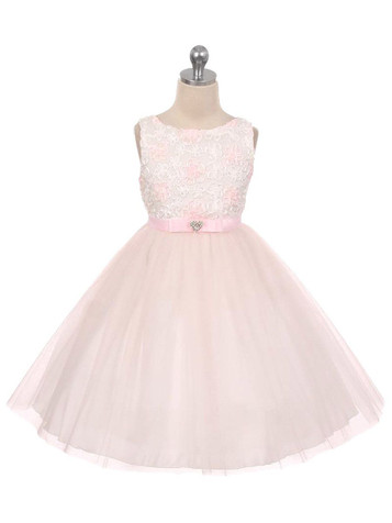 Pink Floral Satin Ribbon Embroidered Illusion Dress Pink Floral Satin Ribbon Embroidered Illusion Dress