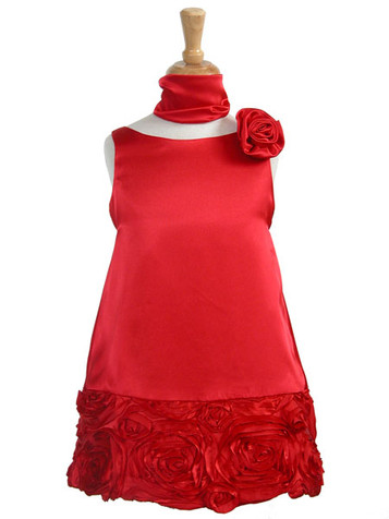 Red Charmeuse w/ Ribbon Embroidered Bottom and Pinned Flower Red Charmeuse w/ Ribbon Embroidered Bottom and Pinned Flower