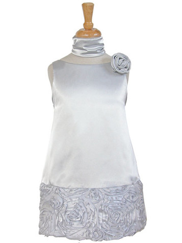 Silver Charmeuse w/ Ribbon Embroidered Bottom and Pinned Flower Silver Charmeuse w/ Ribbon Embroidered Bottom and Pinned Flower