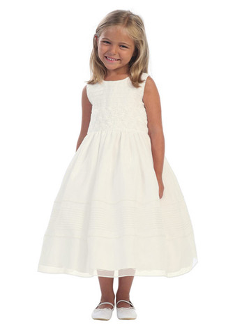 Ivory Organza Dress w/ Rose Patterned Ribbon Tape on Waist Ivory Organza Dress w/ Rose Patterned Ribbon Tape on Waist