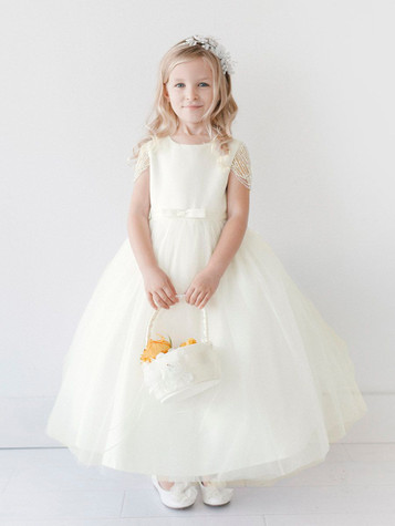 Ivory Satin Dress w/ Beaded & Pearled Sleeves