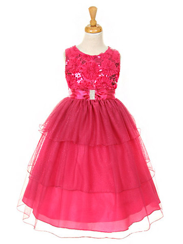Fuchsia Embroidered Mesh Flower & Sequins Bodice Dress w/ Layered Sparkle Mesh Skirt Fuchsia Embroidered Mesh Flower & Sequins Bodice Dress w/ Layered Sparkle Mesh Skirt