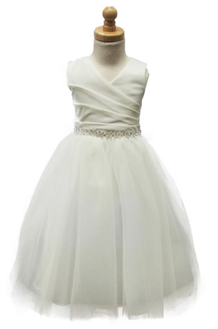 Kiki Kids 6001T Ivory Satin V-Neck Tulle Skirt Dress w/ Rhinestone Sash Kiki Kids 6001T Ivory Satin V-Neck Tulle Skirt Dress w/ Rhinestone Sash