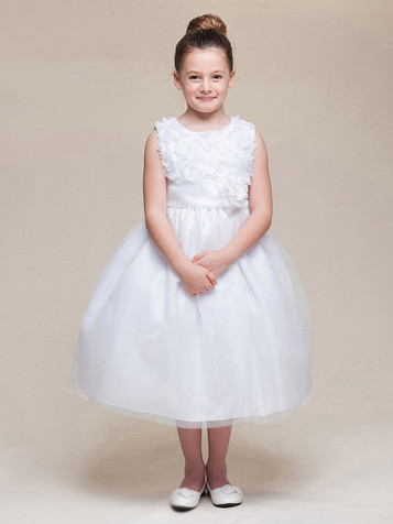 White Floral Ribbon Bodice & Tulle Skirt Dress w/Flower & Sash White Floral Ribbon Bodice & Tulle Skirt Dress w/Flower & Sash