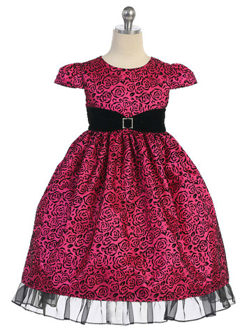 Fuchsia & Black Roses w/ Velvet Sash Holiday Dress Fuchsia & Black Roses w/ Velvet Sash Holiday Dress