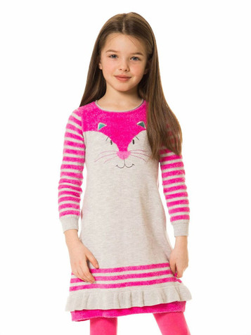 Deux Par Deux Gray & Pink Cat Knit Dress Deux Par Deux Gray & Pink Cat Knit Dress