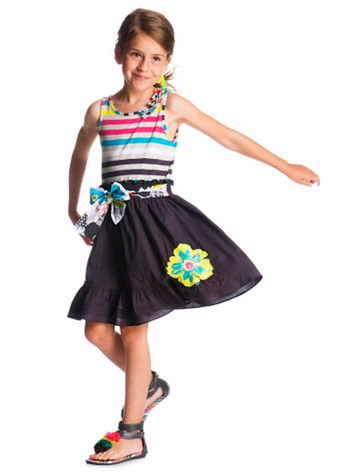 Deux par Deux Striped Bodice Dress w/ Navy Skirt & Colorful Sash Deux par Deux Striped Bodice Dress w/ Navy Skirt & Colorful Sash