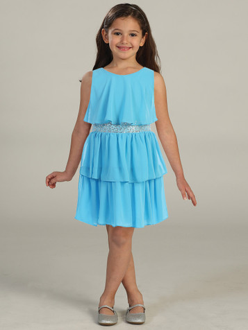 Turquoise Tiered Chiffon Dress w/ Sequins Belt Turquoise Tiered Chiffon Dress w/ Sequins Belt