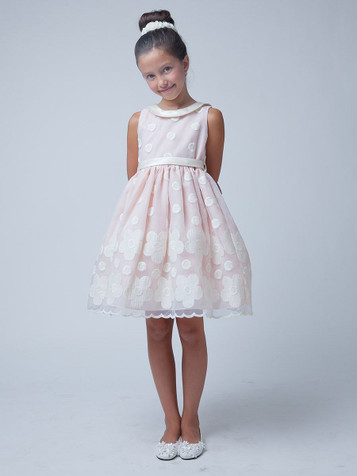 Peach Flower & Dot Embroidered Organza Dress w/ Collar Peach Flower & Dot Embroidered Organza Dress w/ Collar