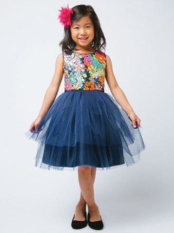 Navy Flower Sequin Top w/ 2 Tier Tulle Dress Navy Flower Sequin Top w/ 2 Tier Tulle Dress