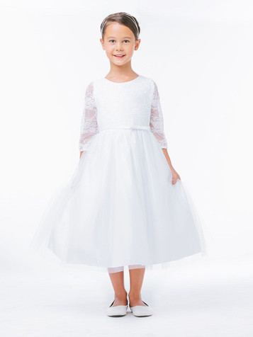 White Lace 3/4 Sleeve Tea Length Dress