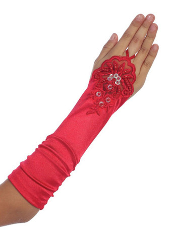 Red Long Satin Ruched Girls' Glovettes w/ Lace Red Long Satin Ruched Girls' Glovettes w/ Lace