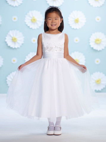 Joan Calabrese White Satin Bateau Neck Flower Girl Dress