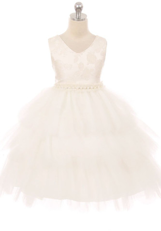 Kids Dream 412 Champagne Jacquard Triple Layer Tulle Dress - Pink