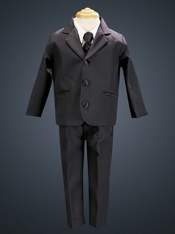Black 5 Piece Three Button Satin Tuxedo w/ Vest & Tie Black 5 Piece Three Button Satin Tuxedo w/ Vest & Tie