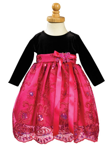 Stretch Velvet Bodice with Fuchsia Embroidered and Sequined Tulle Skirt Stretch Velvet Bodice with Fuchsia Embroidered and Sequined Tulle Skirt
