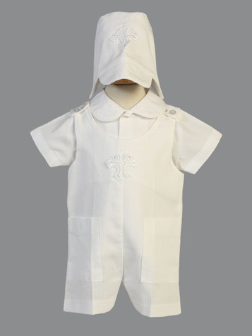 Boy's White Cotton Romper w/ Cross Applique Boy's White Cotton Romper w/ Cross Applique