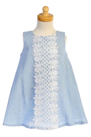 Lito M741 Light Blue Cotton Linen A-line Dress w/ Lace Lito M741 Light Blue Cotton Linen A-line Dress w/ Lace