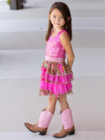 Lipstik Girls Fuchsia Sequins Dress w/ Ruffles & Leopard Detail Lipstik Girls Fuchsia Sequins Dress w/ Ruffles & Leopard Detail