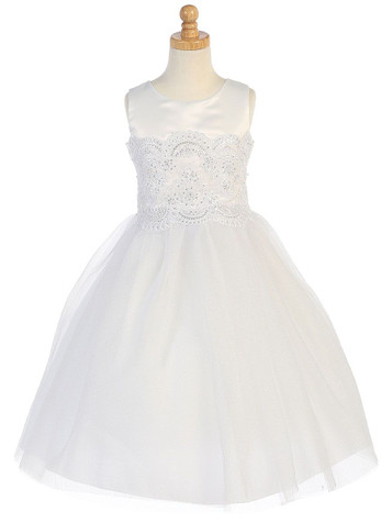 White Satin Communion Dress w/ Corded Floral Lace Applique - Pink