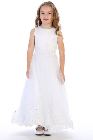 Swea Pea and Lilli SP622 White Satin and Tulle Communion Dress with Lace Detailing Swea Pea and Lilli SP622 White Satin and Tulle Communion Dress with Lace Detailing