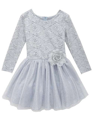 Rare Editions Silver Floral Lace Bodice w/ Glitter Mesh Drop Waist