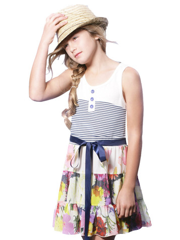 SaraSara Ivy Multicolor Tiered Tank Dress w/ Striped Bodice & Satin Sash SaraSara Ivy Multicolor Tiered Tank Dress w/ Striped Bodice & Satin Sash