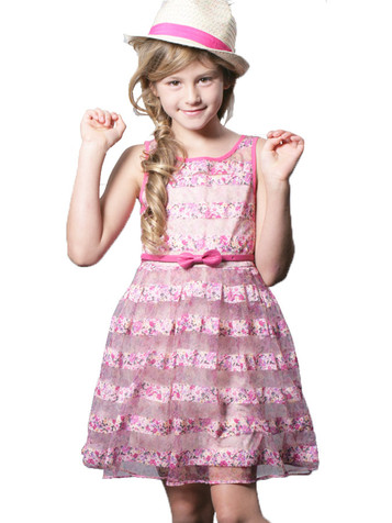 SaraSara Pink Print & Stripe Mesh Dress w/ Faux Leather Belt SaraSara Pink Print & Stripe Mesh Dress w/ Faux Leather Belt