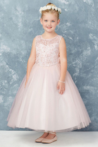 Tip Top Kids 5747 Blush Cord Embroidered Satin & Tulle Dress w/ Illusion Neckline Tip Top Kids 5747 Blush Cord Embroidered Satin & Tulle Dress w/ Illusion Neckline
