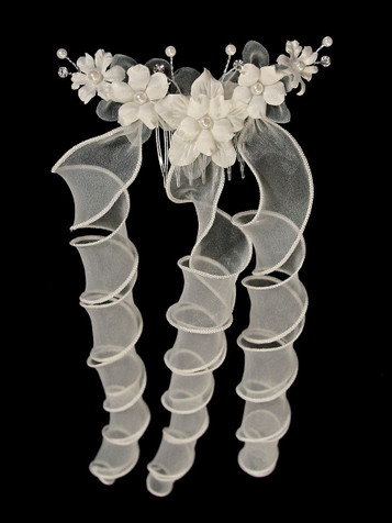 Ivory Floral Hair Comb w/ Organza Ribbon Ivory Floral Hair Comb w/ Organza Ribbon