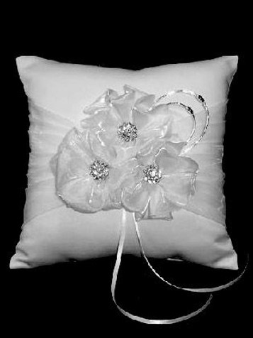 White Satin 3 Flower Ring Bearer Pillow