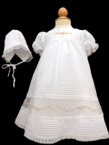 Will'beth White & Pink Embroidered Gown w/ Bonnet Will'beth White & Pink Embroidered Gown w/ Bonnet