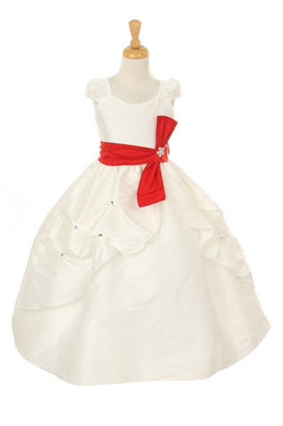 White Dupioni Dress w/ Rhinestone Pinched Front Split Skirt & Detachable Sash White Dupioni Dress w/ Rhinestone Pinched Front Split Skirt & Detachable Sash