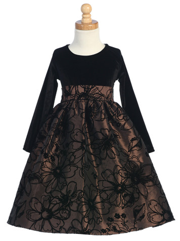 Brown Stretched Velvet Bodice Dress w/ Flocked Taffeta Skirt Brown Stretched Velvet Bodice Dress w/ Flocked Taffeta Skirt
