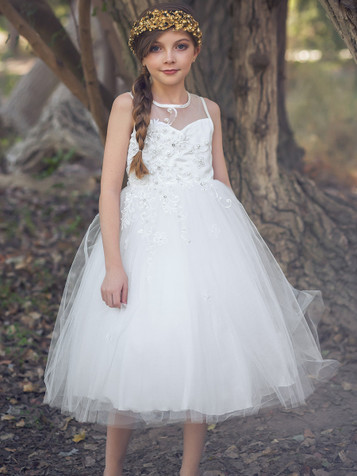 White Floral Beaded Tulle Dress White Floral Beaded Tulle Dress