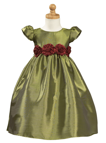 Green Taffeta Dress with Detachable Flowered Sash Green Taffeta Dress with Detachable Flowered Sash