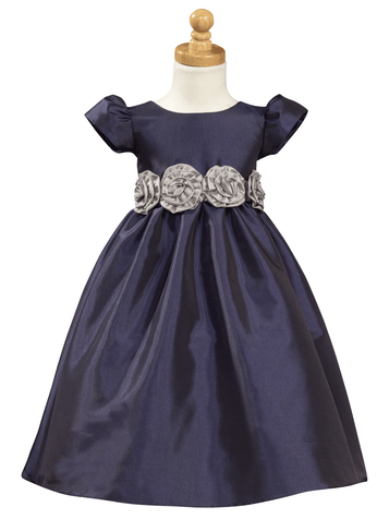 Navy Taffeta Dress with Detachable Flowered Sash Navy Taffeta Dress with Detachable Flowered Sash